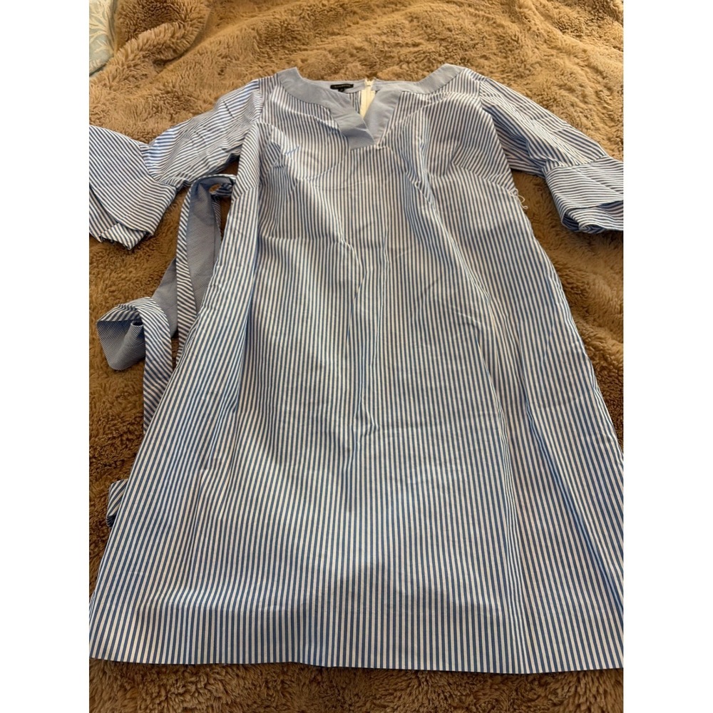 Talbots Blue White Striped Cotton V-Neck Bell Sleeve Tie Waist Dress 6